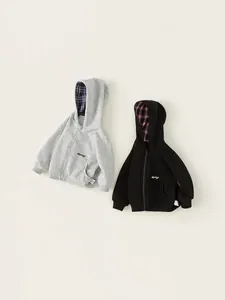 Boys hooded zip-up jackets in grey and black with stylish plaid lining and embroidery