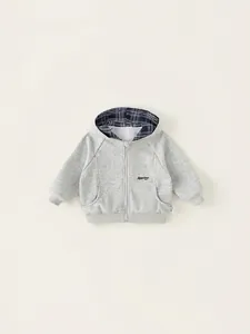 Gray kids hooded zip-up sweatshirt with navy plaid lining and adventures print on front