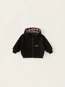 Boys black hooded zip-up sweatshirt with plaid lining and Adventures embroidery detail
