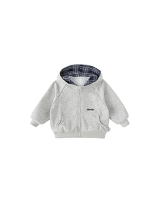 Grey hooded zip-up sweatshirt for boys with checkered hood lining and adventure embroidery