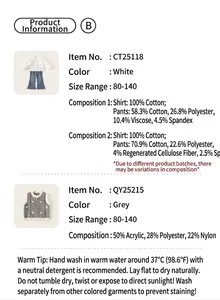 Detailed size chart and material composition for girls denim and knit vest set
