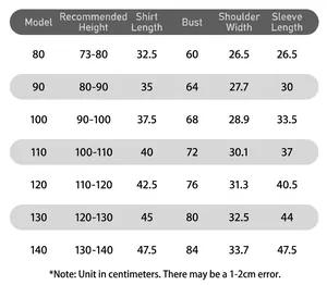 Detailed size guide for girls shirt and denim flared trousers set with full measurements