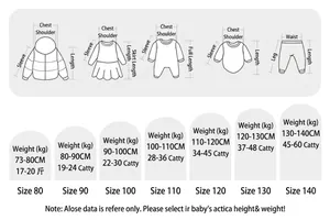 Detailed size chart for girls clothing showing height and weight guides for 80-140cm sizes