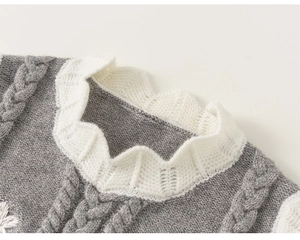 Macro shot of grey cable-knit sweater collar with elegant white ruffled trim detail