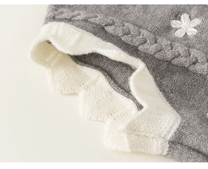 Close-up of knit fabric with cable patterns, white flower embroidery, and scalloped edges