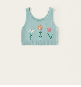 Texture de tricot et broderies florales sur débardeur en maille vert menthe fille