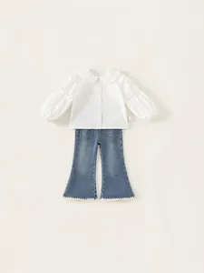 Girls white ruffle Peter Pan collar shirt and blue denim flare pants two-piece outfit set