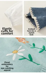 Détails des poignets élastiques, ourlet en tricot ondulé et broderie florale sur tenue enfant