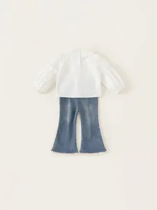 Girls sweet white ruffled shirt and blue denim flare pants set for spring fashion