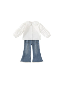 Girl's white Peter Pan collar shirt and blue denim flare pants casual two-piece outfit