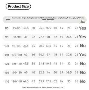 Guide des tailles pour ensemble fille 3 pièces avec mesures de buste et taille, 80 à 140