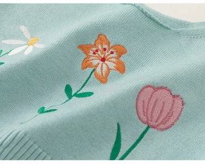 Vue macro du pull en tricot bleu clair avec des broderies florales détaillées