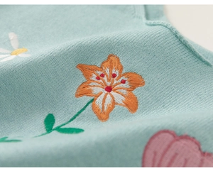 Détail du gilet en maille bleu clair avec broderies florales colorées et texture douce