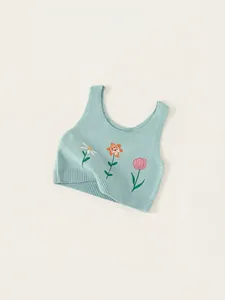 Gilet en tricot vert menthe pour filles avec broderies florales et bords côtelés