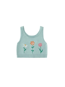 Gilet en tricot vert menthe pour filles avec broderies florales et ourlet côtelé doux