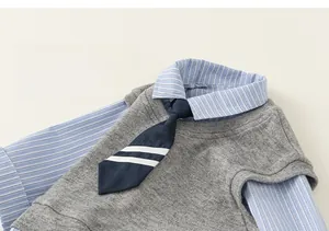 Detailed flat lay of girls preppy school uniform set with knit vest and striped shirt