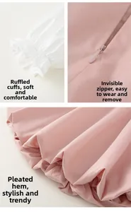 Détails des poignets à volants, fermeture éclair invisible et jupe plissée de la robe rose