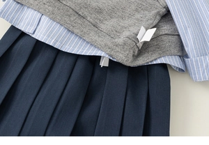 Detailed view of striped cotton shirt paired with grey knit vest and pleated skirt