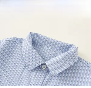Detail of classic striped shirt collar with white button and neat stitching quality