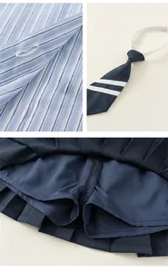 Detail view of school uniform set featuring striped shirt, necktie, and pleated skirt