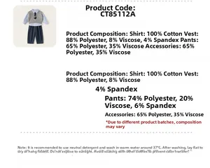 Detail view of the children's preppy outfit fabric composition and care instructions