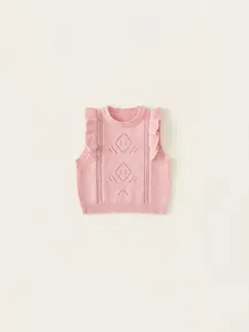 Kids Girls Acrylic Knit Vest Sweet Ruffles Hollow-Out Pink Sleeveless Sweater Pullover Top For Spring Fall School Wear