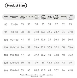 Size chart detail for children school style vest and shirt set with measurements