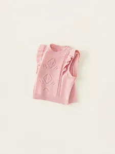 Pink knitted sweater vest for girls with hollow diamond pattern and ruffle sleeves