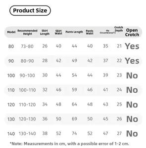 Size chart for girls school uniform set with shirt vest and pleated skirt from 80 to 140