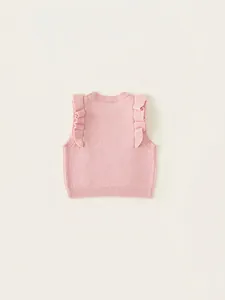 Pink knit vest for girls featuring elegant pleated shoulder ruffles and a classic round neck