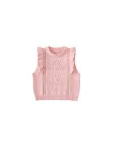 Pink knitted vest for girls featuring ruffle sleeve details and diamond hollow textures