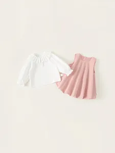 Mädchen Süßes Outfit Rüschen Langarmshirt Und Rosa Trägerkleid Baumwolle Atmungsaktiv Kinder Frühling Herbst Ensemble