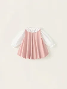 Zweiteiliges rosa-weißes Mädchenkleid-Set mit Rüschenkragen und Langarm-Design