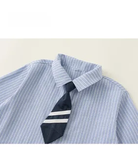 Detail of light blue striped shirt and navy tie for girls' school uniform set