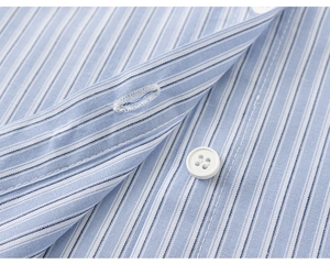 Detailed macro view of the blue and white striped shirt fabric with white button