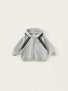 Kids grey zip-up hoodie with black shoulder stripes and kangaroo pockets in soft cotton