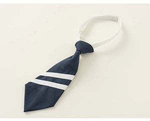 Detail of navy blue pre-tied tie with white stripes and adjustable elastic neck strap