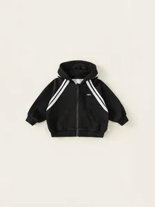 Classic black boys sports hoodie with white stripes and kangaroo pockets for spring