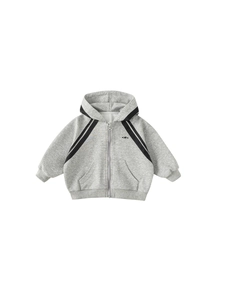 Gray children's hooded zip-up sports sweatshirt with black shoulder stripe accents