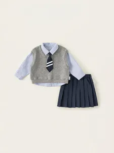 Ensemble Uniforme Scolaire Académique pour Filles Chemise Rayée Manches Longues Gilet en Tricot Col en V Jupe Plissée Pantalon Avec Cravate