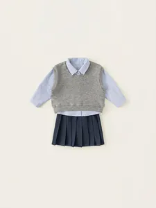 Ensemble d'uniforme scolaire 3 pièces pour filles avec chemise rayée et jupe plissée