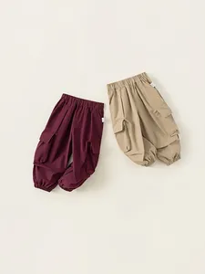 Boys Solid Color Cotton Cargo Pants Casual Elastic Waist Joggers With Pockets Spring Autumn Children Outdoor Trousers