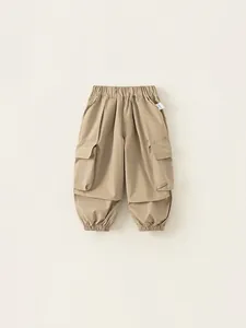 Kids khaki cargo jogger pants with elastic waist and side pockets for casual wear