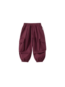 Kids relaxed fit cargo jogger pants in deep red with elastic waist and side pockets