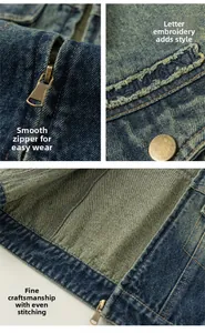 Detailed views of girls' denim jacket featuring metallic zipper and embroidery