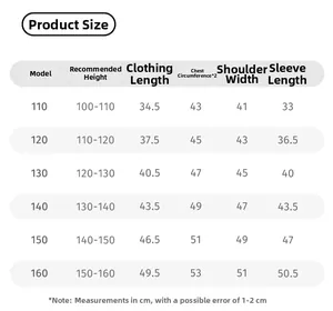 Size chart showing height, length, and chest measurements for girls' denim jacket