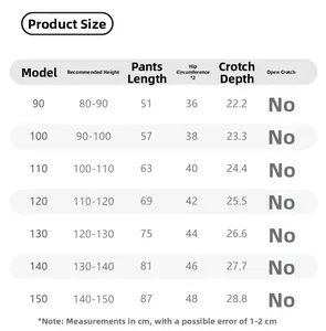 Size chart for girls casual loose pants with detailed measurements for heights 80 to 150cm