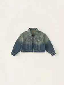 Girls Vintage Wash Denim Jacket Gradient Embroidered Letter Cropped Cargo Coat Fashion Long Sleeve Cotton Outwear