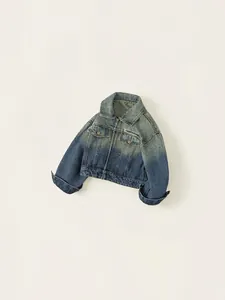 Classic blue and yellow gradient denim jacket for girls with vintage wash and turn-down collar