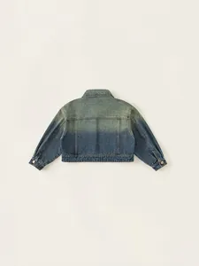 Girls denim jacket with vintage blue gradient wash and delicate back floral embroidery